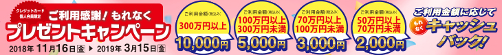 クレジットカード個人会員限定　ご利用感謝！もれなくプレゼントキャンペーン　ご利用金額に応じてもれなくキャッシュバック！