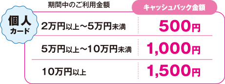 個人カード | 期間中のご利用金額 2万円以上〜5万円未満 キャッシュバック金額 500円 | 期間中のご利用金額 5万円以上〜10万円未満 キャッシュバック金額 1,000円 | 期間中のご利用金額 10万円以上 キャッシュバック金額 1,500円