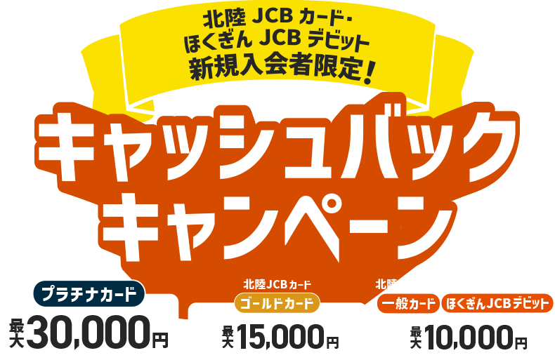 北陸JCBカード・ほくぎんJCBデビット 新規入会者限定！ 北陸JCBカードプラチナカード 最大30,000円 北陸JCBカードゴールドカード 最大15,000円  北陸JCBカード一般カード ほくぎんJCBデビット 最大10,000円 キャッシュバックキャンペーン